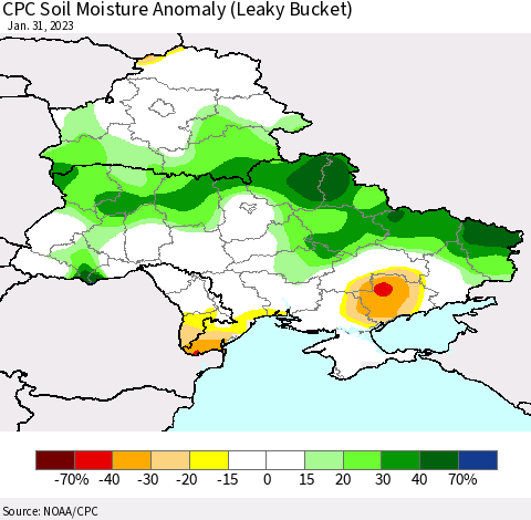 Ukraine, Moldova and Belarus CPC Soil Moisture Anomaly (Leaky Bucket) Thematic Map For 1/26/2023 - 1/31/2023