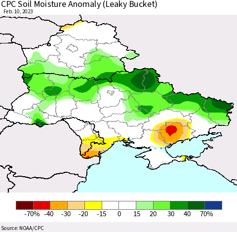 Ukraine, Moldova and Belarus CPC Soil Moisture Anomaly (Leaky Bucket) Thematic Map For 2/6/2023 - 2/10/2023