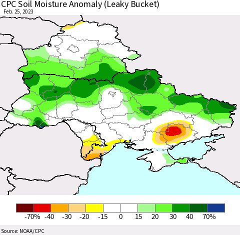 Ukraine, Moldova and Belarus CPC Soil Moisture Anomaly (Leaky Bucket) Thematic Map For 2/21/2023 - 2/25/2023
