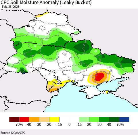 Ukraine, Moldova and Belarus CPC Soil Moisture Anomaly (Leaky Bucket) Thematic Map For 2/26/2023 - 2/28/2023