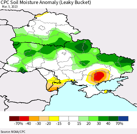 Ukraine, Moldova and Belarus CPC Soil Moisture Anomaly (Leaky Bucket) Thematic Map For 3/1/2023 - 3/5/2023