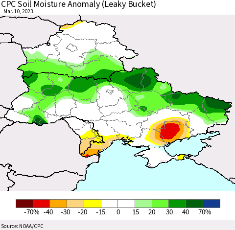 Ukraine, Moldova and Belarus CPC Soil Moisture Anomaly (Leaky Bucket) Thematic Map For 3/6/2023 - 3/10/2023