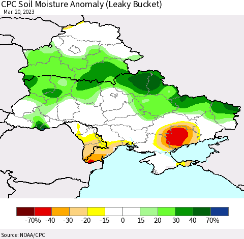 Ukraine, Moldova and Belarus CPC Soil Moisture Anomaly (Leaky Bucket) Thematic Map For 3/16/2023 - 3/20/2023