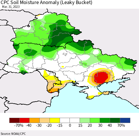 Ukraine, Moldova and Belarus CPC Soil Moisture Anomaly (Leaky Bucket) Thematic Map For 3/26/2023 - 3/31/2023