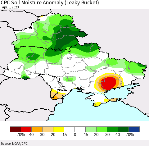 Ukraine, Moldova and Belarus CPC Soil Moisture Anomaly (Leaky Bucket) Thematic Map For 4/1/2023 - 4/5/2023