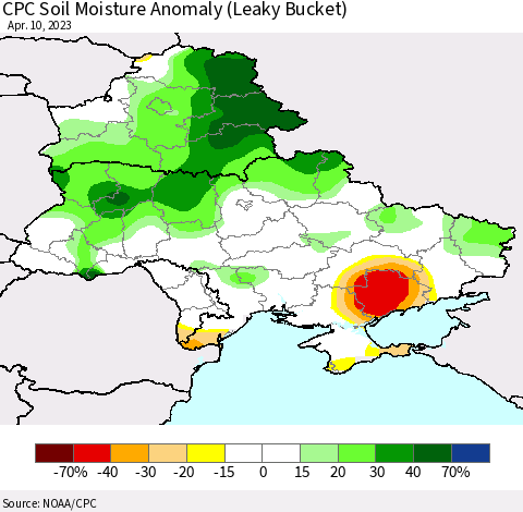 Ukraine, Moldova and Belarus CPC Soil Moisture Anomaly (Leaky Bucket) Thematic Map For 4/6/2023 - 4/10/2023
