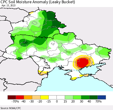 Ukraine, Moldova and Belarus CPC Soil Moisture Anomaly (Leaky Bucket) Thematic Map For 4/11/2023 - 4/15/2023