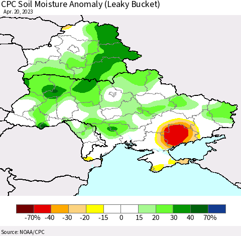 Ukraine, Moldova and Belarus CPC Soil Moisture Anomaly (Leaky Bucket) Thematic Map For 4/16/2023 - 4/20/2023