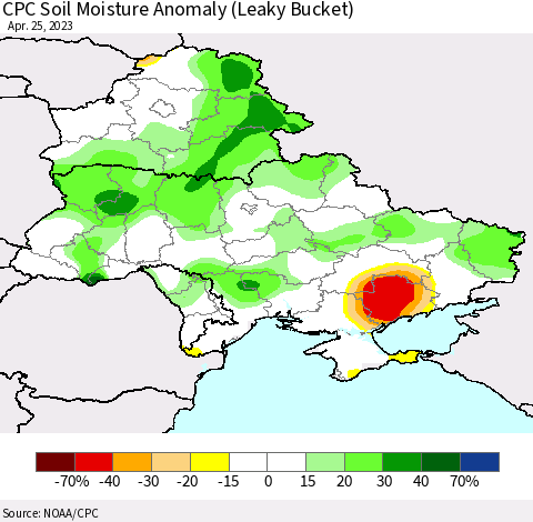 Ukraine, Moldova and Belarus CPC Soil Moisture Anomaly (Leaky Bucket) Thematic Map For 4/21/2023 - 4/25/2023