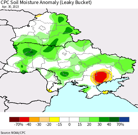 Ukraine, Moldova and Belarus CPC Soil Moisture Anomaly (Leaky Bucket) Thematic Map For 4/26/2023 - 4/30/2023