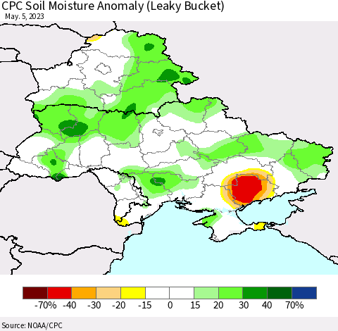 Ukraine, Moldova and Belarus CPC Soil Moisture Anomaly (Leaky Bucket) Thematic Map For 5/1/2023 - 5/5/2023