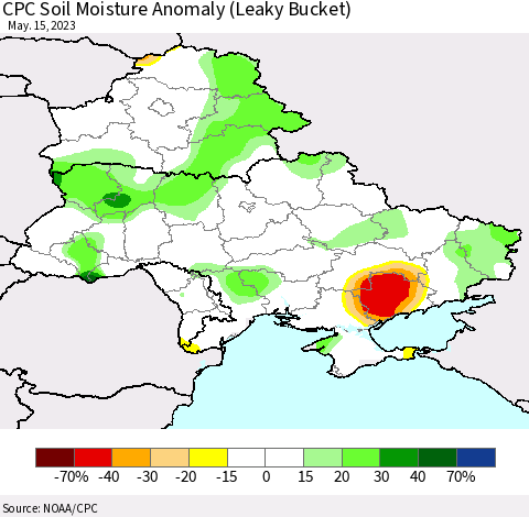 Ukraine, Moldova and Belarus CPC Soil Moisture Anomaly (Leaky Bucket) Thematic Map For 5/11/2023 - 5/15/2023