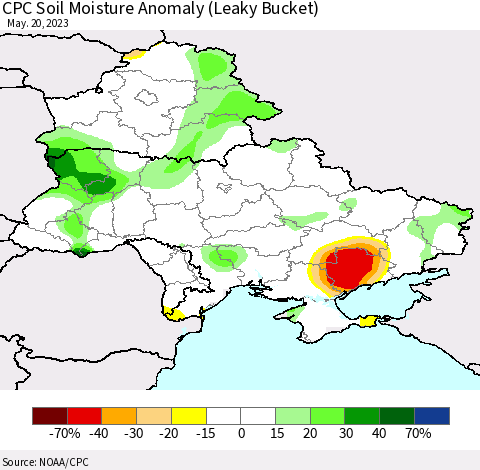 Ukraine, Moldova and Belarus CPC Soil Moisture Anomaly (Leaky Bucket) Thematic Map For 5/16/2023 - 5/20/2023
