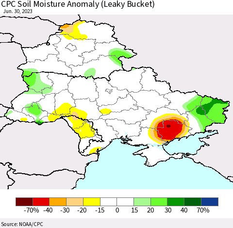 Ukraine, Moldova and Belarus CPC Soil Moisture Anomaly (Leaky Bucket) Thematic Map For 6/26/2023 - 6/30/2023