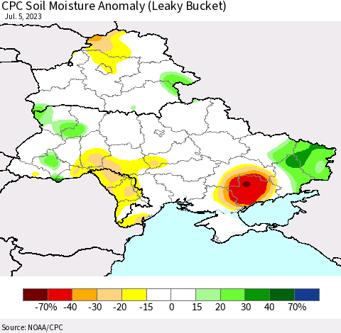 Ukraine, Moldova and Belarus CPC Soil Moisture Anomaly (Leaky Bucket) Thematic Map For 7/1/2023 - 7/5/2023