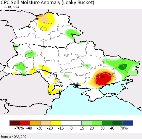Ukraine, Moldova and Belarus CPC Soil Moisture Anomaly (Leaky Bucket) Thematic Map For 7/6/2023 - 7/10/2023