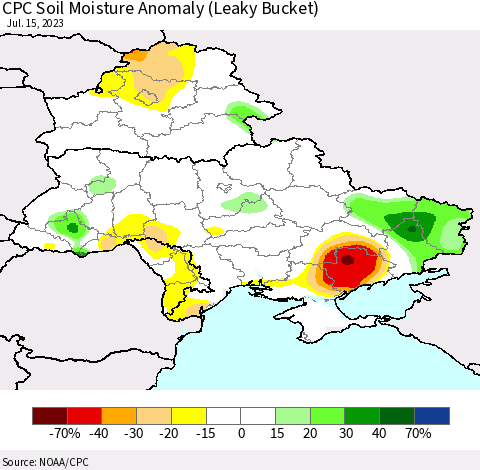 Ukraine, Moldova and Belarus CPC Soil Moisture Anomaly (Leaky Bucket) Thematic Map For 7/11/2023 - 7/15/2023