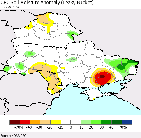 Ukraine, Moldova and Belarus CPC Soil Moisture Anomaly (Leaky Bucket) Thematic Map For 7/21/2023 - 7/25/2023