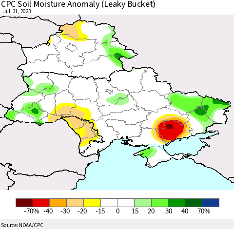 Ukraine, Moldova and Belarus CPC Soil Moisture Anomaly (Leaky Bucket) Thematic Map For 7/26/2023 - 7/31/2023