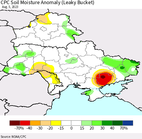 Ukraine, Moldova and Belarus CPC Soil Moisture Anomaly (Leaky Bucket) Thematic Map For 8/1/2023 - 8/5/2023