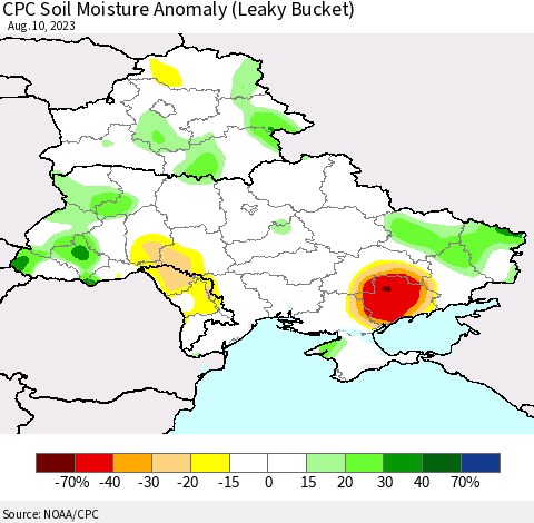 Ukraine, Moldova and Belarus CPC Soil Moisture Anomaly (Leaky Bucket) Thematic Map For 8/6/2023 - 8/10/2023