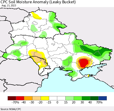 Ukraine, Moldova and Belarus CPC Soil Moisture Anomaly (Leaky Bucket) Thematic Map For 8/11/2023 - 8/15/2023