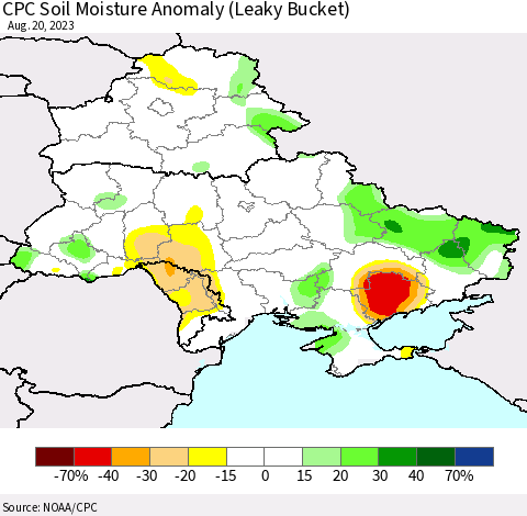 Ukraine, Moldova and Belarus CPC Soil Moisture Anomaly (Leaky Bucket) Thematic Map For 8/16/2023 - 8/20/2023