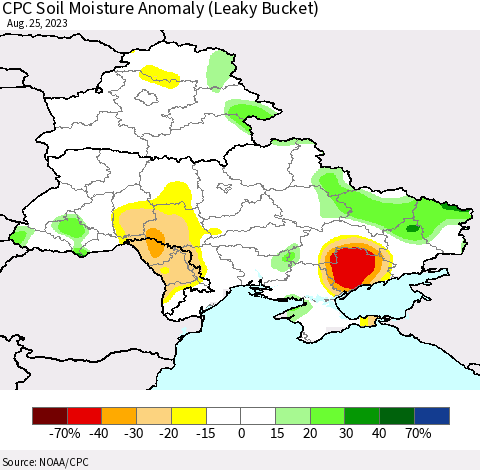 Ukraine, Moldova and Belarus CPC Soil Moisture Anomaly (Leaky Bucket) Thematic Map For 8/21/2023 - 8/25/2023