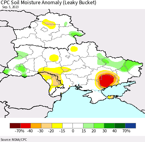 Ukraine, Moldova and Belarus CPC Soil Moisture Anomaly (Leaky Bucket) Thematic Map For 9/1/2023 - 9/5/2023