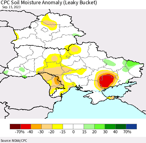 Ukraine, Moldova and Belarus CPC Soil Moisture Anomaly (Leaky Bucket) Thematic Map For 9/11/2023 - 9/15/2023