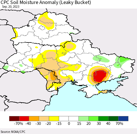 Ukraine, Moldova and Belarus CPC Soil Moisture Anomaly (Leaky Bucket) Thematic Map For 9/16/2023 - 9/20/2023