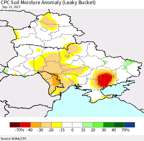 Ukraine, Moldova and Belarus CPC Soil Moisture Anomaly (Leaky Bucket) Thematic Map For 9/21/2023 - 9/25/2023