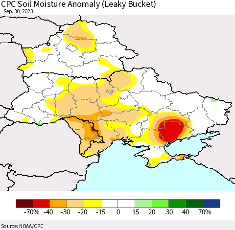 Ukraine, Moldova and Belarus CPC Soil Moisture Anomaly (Leaky Bucket) Thematic Map For 9/26/2023 - 9/30/2023
