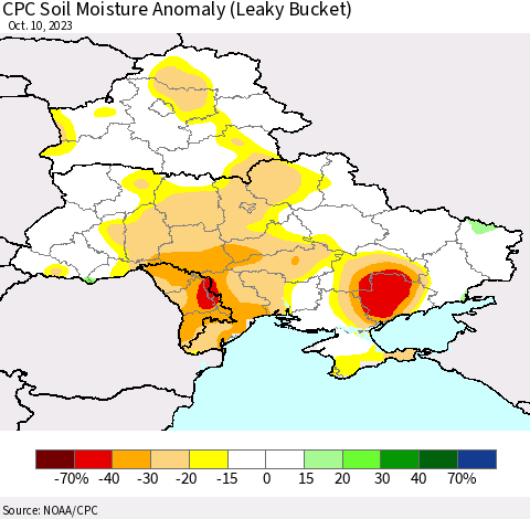 Ukraine, Moldova and Belarus CPC Soil Moisture Anomaly (Leaky Bucket) Thematic Map For 10/6/2023 - 10/10/2023
