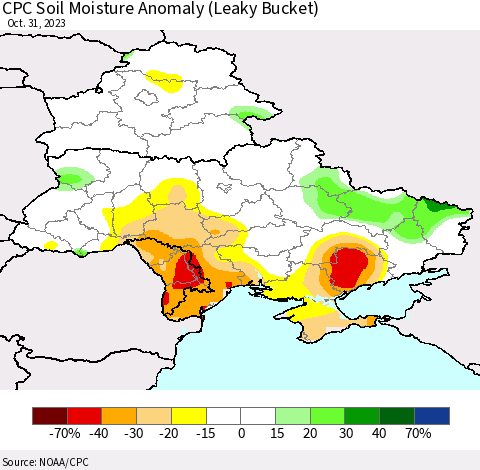 Ukraine, Moldova and Belarus CPC Soil Moisture Anomaly (Leaky Bucket) Thematic Map For 10/26/2023 - 10/31/2023