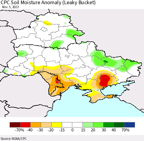 Ukraine, Moldova and Belarus CPC Soil Moisture Anomaly (Leaky Bucket) Thematic Map For 11/1/2023 - 11/5/2023