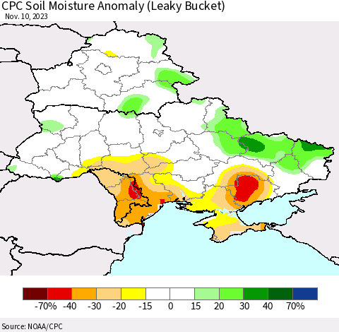 Ukraine, Moldova and Belarus CPC Soil Moisture Anomaly (Leaky Bucket) Thematic Map For 11/6/2023 - 11/10/2023