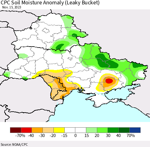 Ukraine, Moldova and Belarus CPC Soil Moisture Anomaly (Leaky Bucket) Thematic Map For 11/11/2023 - 11/15/2023