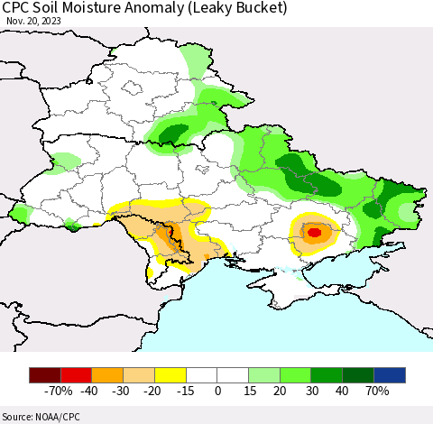 Ukraine, Moldova and Belarus CPC Soil Moisture Anomaly (Leaky Bucket) Thematic Map For 11/16/2023 - 11/20/2023