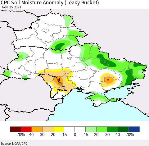 Ukraine, Moldova and Belarus CPC Soil Moisture Anomaly (Leaky Bucket) Thematic Map For 11/21/2023 - 11/25/2023