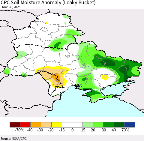 Ukraine, Moldova and Belarus CPC Soil Moisture Anomaly (Leaky Bucket) Thematic Map For 11/26/2023 - 11/30/2023