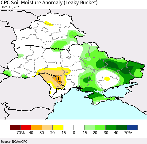 Ukraine, Moldova and Belarus CPC Soil Moisture Anomaly (Leaky Bucket) Thematic Map For 12/6/2023 - 12/10/2023