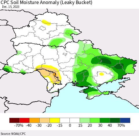 Ukraine, Moldova and Belarus CPC Soil Moisture Anomaly (Leaky Bucket) Thematic Map For 12/11/2023 - 12/15/2023
