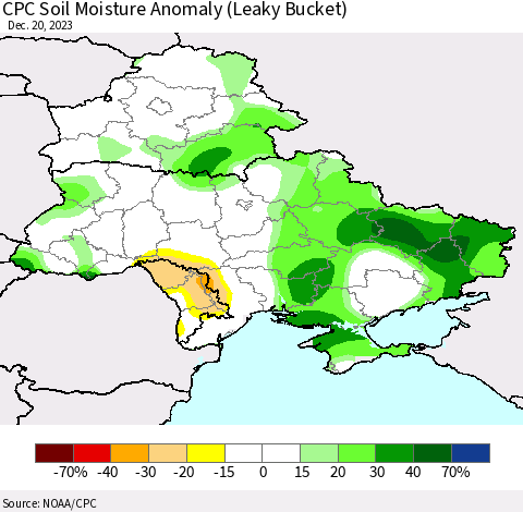 Ukraine, Moldova and Belarus CPC Soil Moisture Anomaly (Leaky Bucket) Thematic Map For 12/16/2023 - 12/20/2023