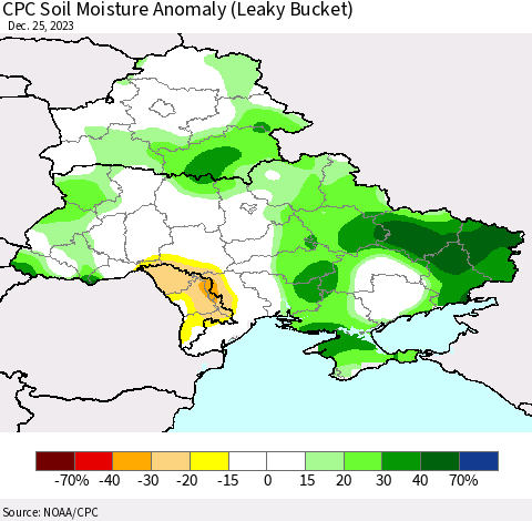Ukraine, Moldova and Belarus CPC Soil Moisture Anomaly (Leaky Bucket) Thematic Map For 12/21/2023 - 12/25/2023