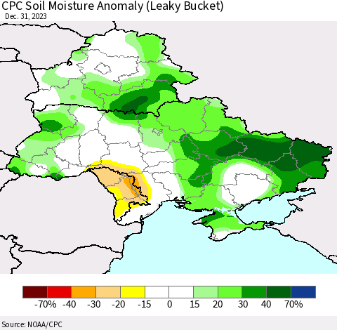 Ukraine, Moldova and Belarus CPC Soil Moisture Anomaly (Leaky Bucket) Thematic Map For 12/26/2023 - 12/31/2023