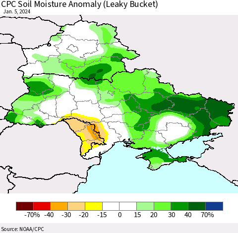 Ukraine, Moldova and Belarus CPC Soil Moisture Anomaly (Leaky Bucket) Thematic Map For 1/1/2024 - 1/5/2024