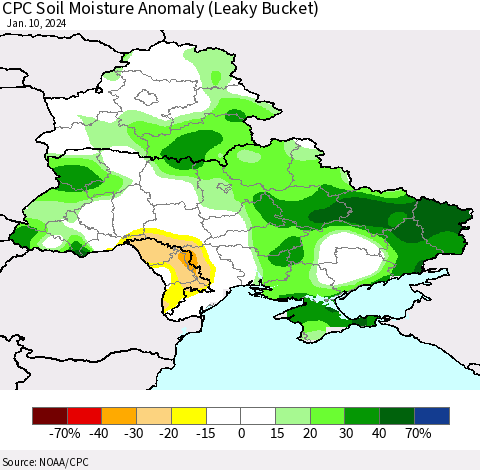 Ukraine, Moldova and Belarus CPC Soil Moisture Anomaly (Leaky Bucket) Thematic Map For 1/6/2024 - 1/10/2024