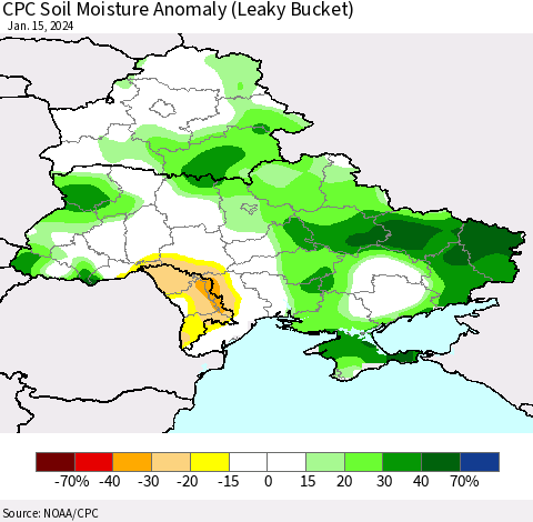 Ukraine, Moldova and Belarus CPC Soil Moisture Anomaly (Leaky Bucket) Thematic Map For 1/11/2024 - 1/15/2024