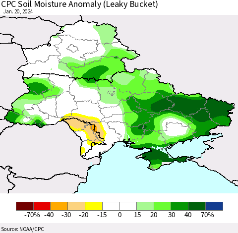 Ukraine, Moldova and Belarus CPC Soil Moisture Anomaly (Leaky Bucket) Thematic Map For 1/16/2024 - 1/20/2024
